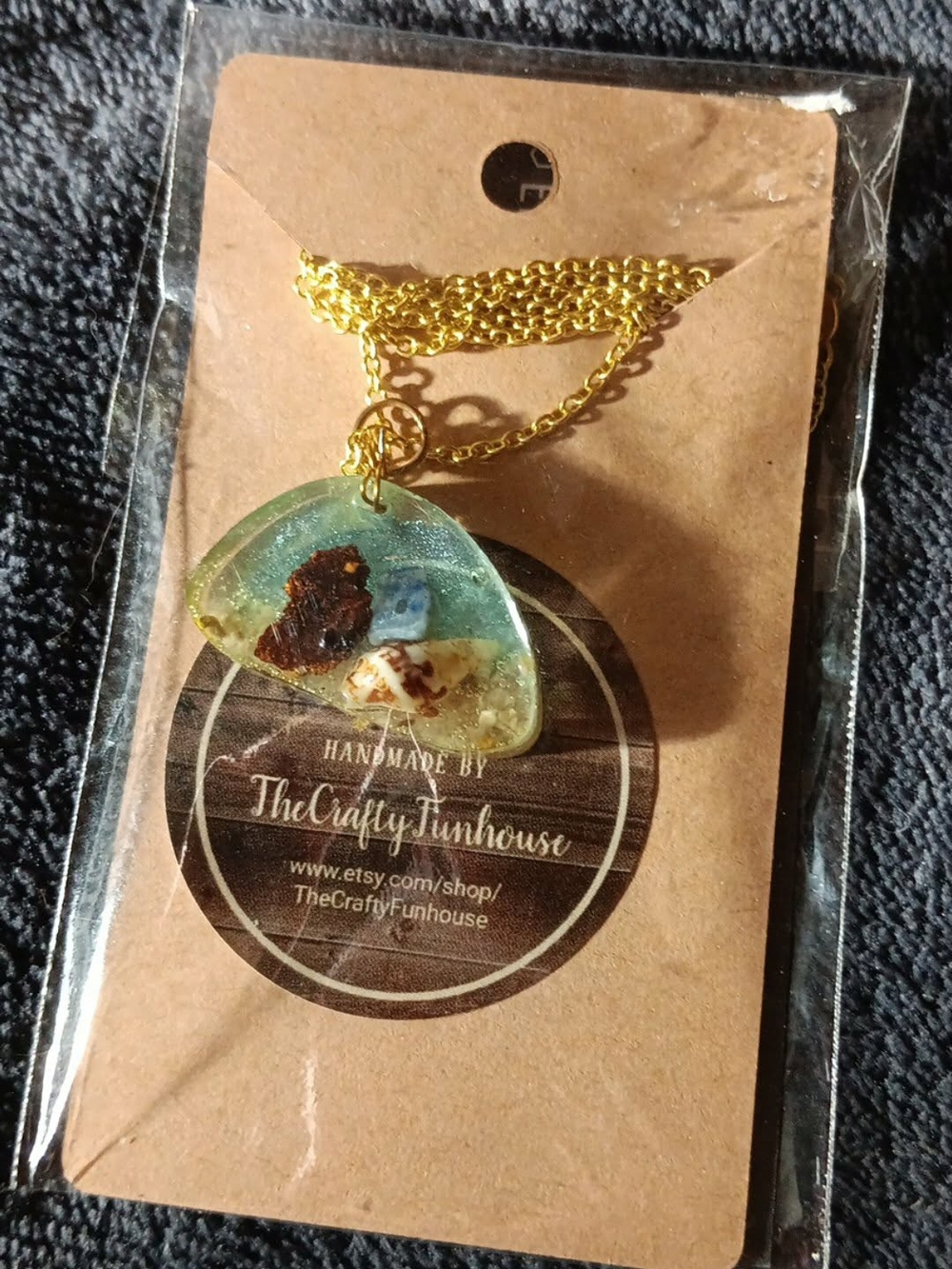 Handmade Resin Ocean Beach Pendant Necklace Blue Green Gold Seashell Lapis Sand